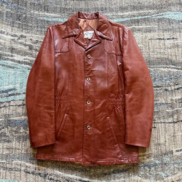 Men's Vintage 70's Remy Leather Cognac Brown City Jacket Coat Sz 44 Long Large